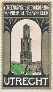 710141 Sluitzegel van de Vereeniging tot Bevordering van Vreemdelingenverkeer Utrecht. Met een litho van de Domtoren.